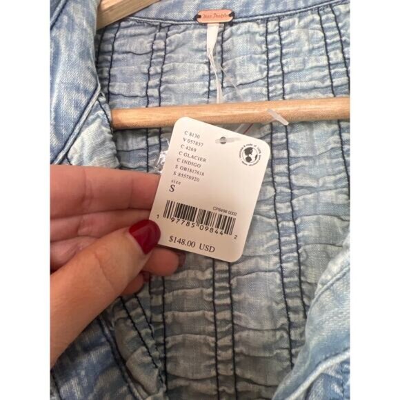NWT Free People Denim Find Me Now Buttons Smocked Mini Dress Glacier Blue Size S - Picture 5 of 7
